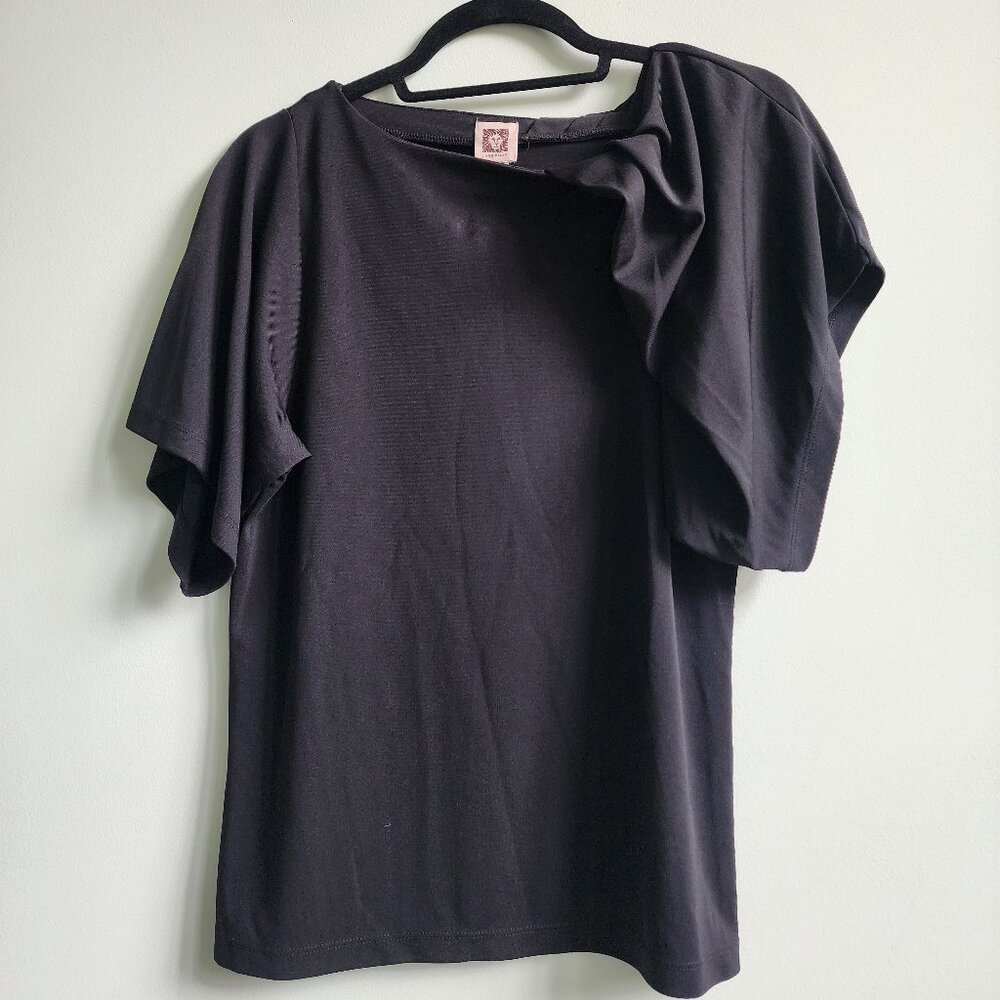 Anne Klein Black Asymmetrical Gathered Frill Sleeve Top, Size M